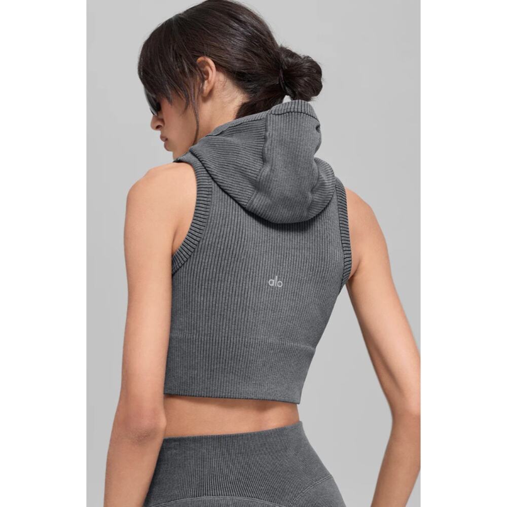Alo Yoga Seamless Two Tone Rib Hooded Vest Gray Heather Size S NWT W2816R - Picture 7 of 8